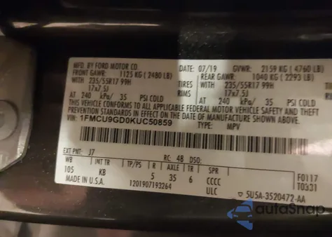 2019 Ford Escape Se from USA, damaged, VIN 1FMCU9GD0KUC50859